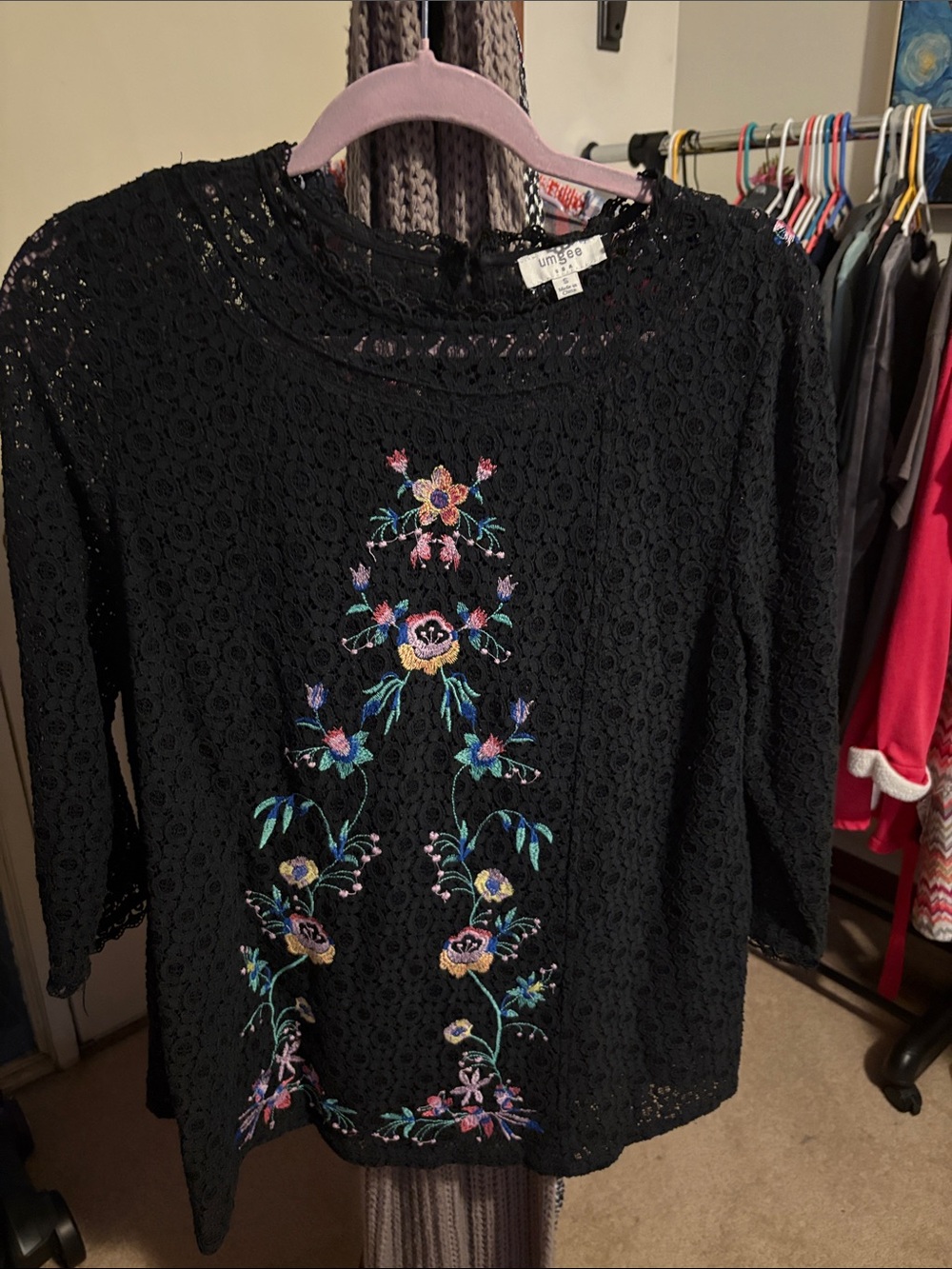 Umgee Black Lace Blouse with Multicolor Floral Embroidery